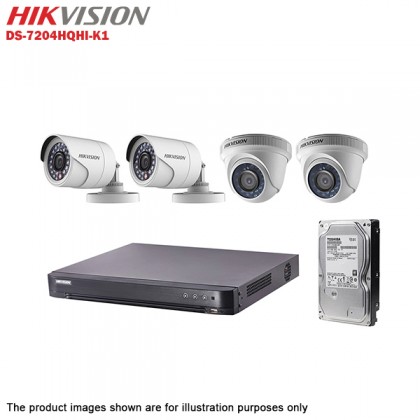 Hikvision Turbo HD 4 Channel CCTV DVR DS-7204HQHI-K1 + Hikvision 1MP 720P Bullet Camera DS-2CE16C0T-IRP & Dome Camera DS-2CE56C0T-IRP + 1TB Toshiba 7200 CCTV HDD